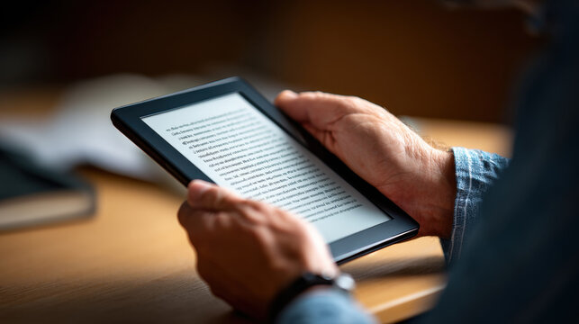 Person reading e reader device with text displayed screen sitting wooden table cozy environment enjoying digital reading experience close up of hands casual clothing warm lighting modern