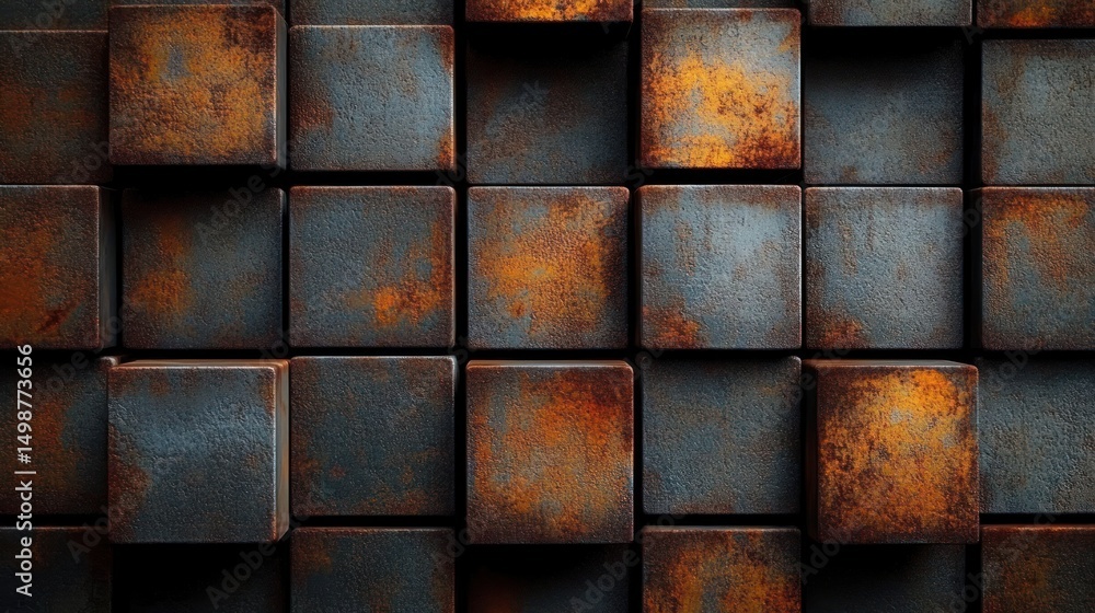 Poster close-up view of textured rusted metal cubes arranged in a grid pattern showing varying degrees of c