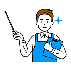 クリップボードと指示棒を持って説明するエプロン姿の男性