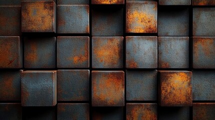 Close-up view of textured rusted metal cubes arranged in a grid pattern showing varying degrees of corrosion and oxidation in dark brown and orange tones