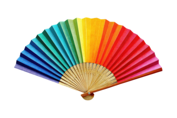 Colorful rainbow hand fan with vibrant multicolored pattern on black background, cut out