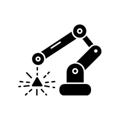 A black silhouette of an industrial robot arm with a triangle and sparks on a white background plain shot