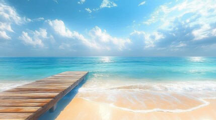 Naklejka premium Wooden pier extending over calm turquoise ocean water with gentle waves and partly cloudy blue sky