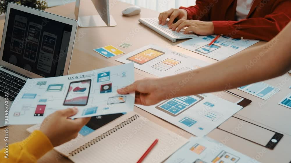 Poster excellent startup company employee presenting user interface prototype for mobile application to sma