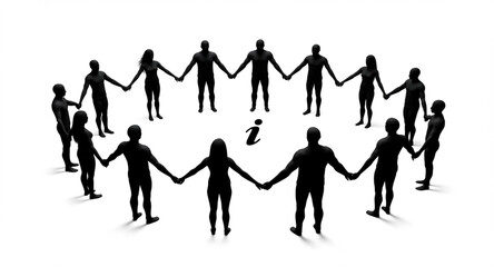 Circle of People Holding Hands with Information Symbol | Unity and Collaboration Concept for Teamwork, Diversity, and Innovation Marketing