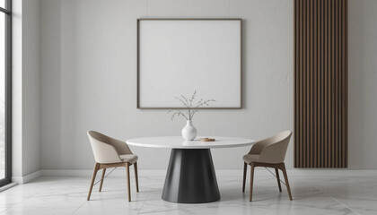 Fototapeta premium Modern Minimalist Dining Room Interior Design White Table Beige Chairs Mockup Frame