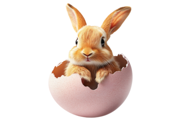 Adorable fluffy bunny peeking out from cracked egg isolated on white transparent background. Symbolizing Easter, spring, and new beginnings