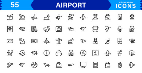 Airport vector line icon set. Contains linear outline icons like Plane, Ticket, Baggage, Terminal, Passport, Luggage, Departure, Flight, Transport, Airplane. Editable use and stroke for web