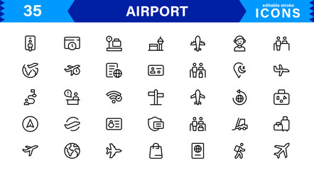 Airport vector line icon set. Contains linear outline icons like Plane, Ticket, Baggage, Terminal, Passport, Luggage, Departure, Flight, Transport, Airplane. Editable use and stroke for web