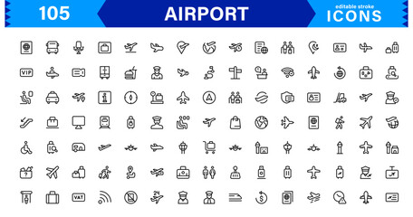 Airport vector line icon set. Contains linear outline icons like Plane, Ticket, Baggage, Terminal, Passport, Luggage, Departure, Flight, Transport, Airplane. Editable use and stroke for web