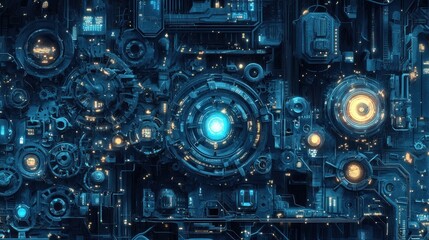 Futuristic technological complex.  Intricate, detailed machine components.  Circular core with glowing center.  Dark blue and luminous yellow accents