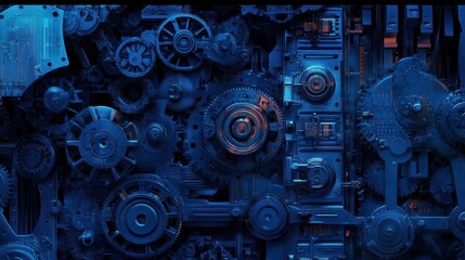 Intricate mechanical system, dark blue, gears, and complex mechanisms