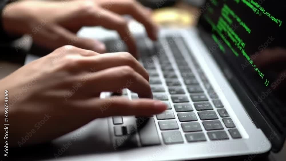 Poster hands typing on laptop keyboard with green code on screen close up shot