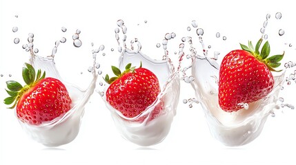 A set of fresh strawberries splashing in enriched milk, droplets suspended mid-motion, cut out and isolated on a clean white backdrop