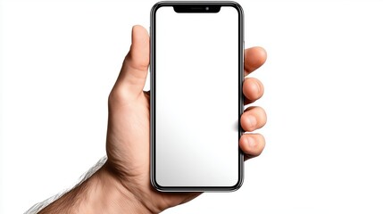 Demonstration of a smartphone screen suitable for image usage as a meme. Person holds a phone with blank white screen, meme template, copy space