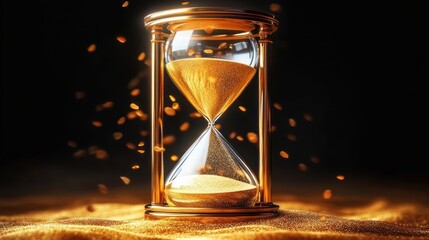 Golden hourglass with fine sand flowing between two glass bulbs surrounded by scattered moving sand particles on dark background