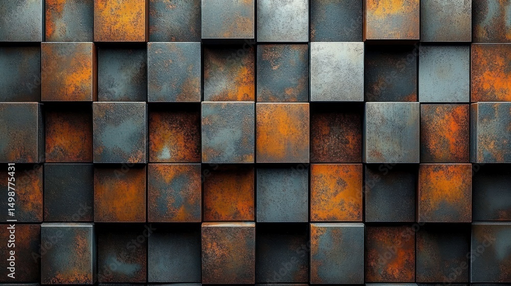 Poster close-up view of rusted, textured metal cubes arranged in a grid pattern with varying shades of oran