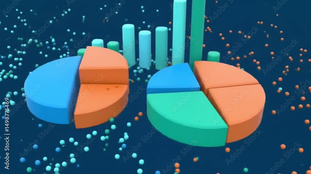 Poster animated 3d pie charts and bar graphs illustrating data analysis and statistics