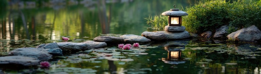 Water reflection with harmony and minimalism in rock concept. Serene pond with lantern, stones, and floating flowers.