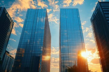 Two modern glass skyscrapers reflecting warm orange sunlight under a vibrant sky with scattered clouds during sunset