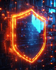 Fototapeta premium Glowing orange shield symbol representing digital security and cybersecurity on a dark futuristic circuit board background with blue highlights