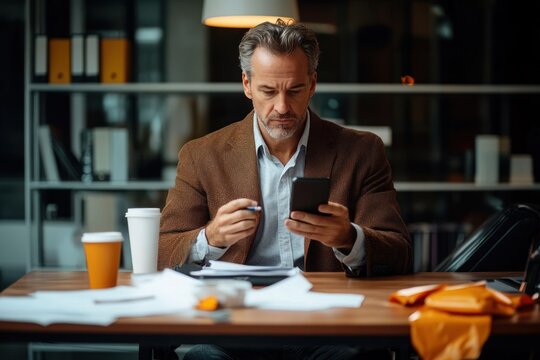 focused mature man in brown blazer using smartphone and holding pen while working at a cluttered desk with documents and coffee cups in modern office - Powered by Adobe