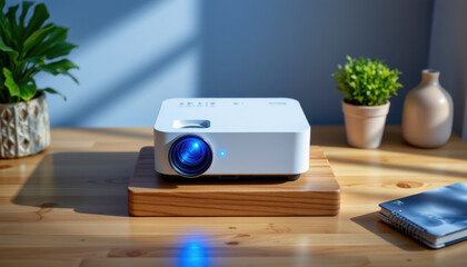 White projector with blue light projecting on wooden surface in modern, well lit room with potted plants and notebook, creating cozy and functional workspace atmosphere