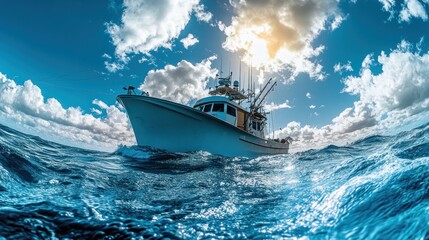 Naklejka premium Fishing vessel in a vibrant blue sea. Sunlight beams through the clouds above