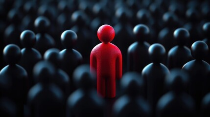 Obraz premium A single bright red figure standing out among a crowd of dark, shadowy figures, symbolizing individuality and uniqueness in a subdued environment