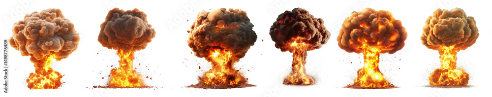 Poster png explosive fiery mushroom cloud sequence, element set on transparent background