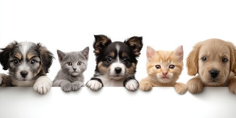 Obraz premium Cute puppies and kittens interact playfully at a pet adoption event in a sunny, bright setting