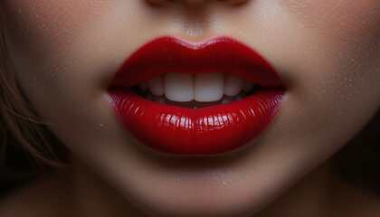 Fototapeta premium Close-up of glossy red lips slightly parted showing front teeth with a focus on smooth skin and shine conveying sensuality and allure