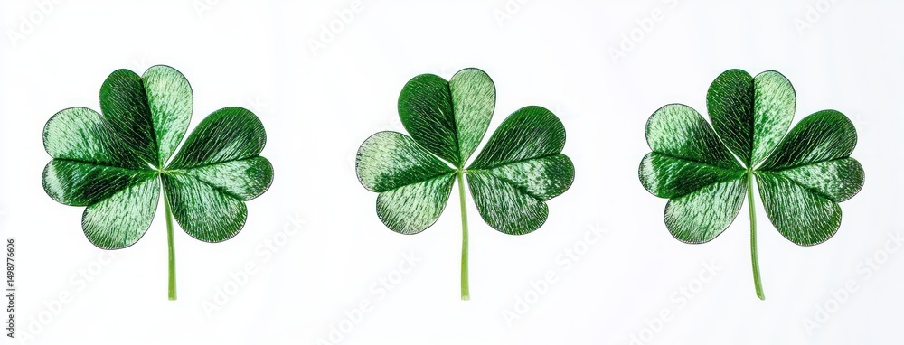 Poster three vibrant green clover leaves with four heart-shaped leaflets each arranged in a neat row agains