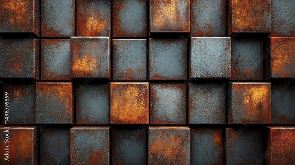 Poster close-up view of a grid of textured metal cubes with rust patches and dark, weathered surfaces creat