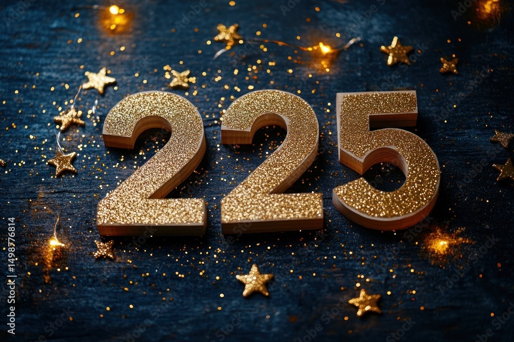 Poster Golden glittery numbers 225 surrounded by scattered golden star confetti and string lights on a dark textured surface creating a festive atmosphere