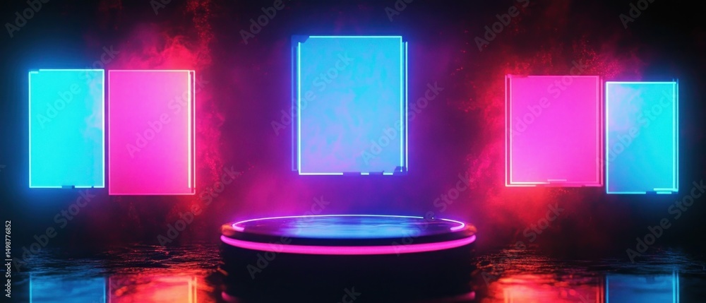 Poster glowing neon frames in blue and pink floating above a reflective dark surface with a circular platfo