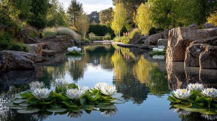 Obraz premium Water reflection with harmony and minimalism in rock concept. Serene water garden with blooming lilies amidst lush greenery.