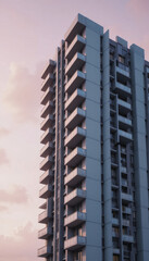 Fototapeta premium modern high rise apartment building stands tall against pastel pink sky, showcasing its sleek design and numerous balconies. soft lighting creates serene and elegant atmosphere
