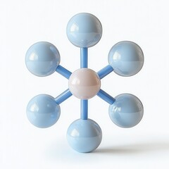 A molecular model with one central gray sphere connected to six surrounding blue spheres by blue rods on a white background
