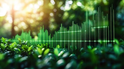 Green plants with a digital glowing graph overlay symbolizing data growth and environmental analysis in a sunlit forest setting