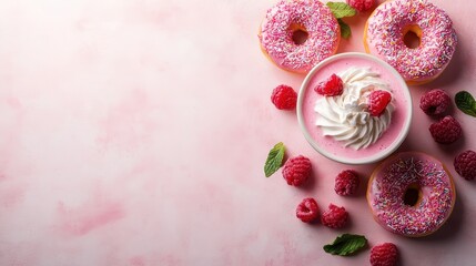 Pink donuts, smoothie, raspberries and mint leaves on a pink textured background. Ideal for illustrating dessert recipes or sweet food-related marketing content.