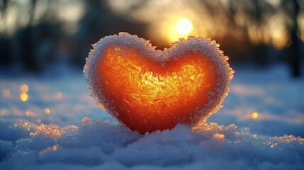 Fototapeta premium Frost-covered heart shape glowing with warm orange light on snowy ground during sunset with blurred winter trees in background