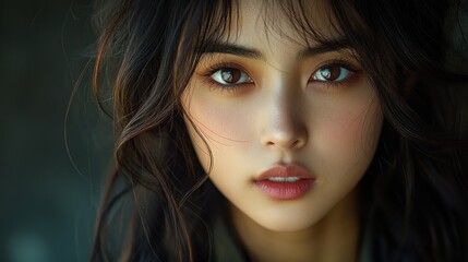 Fototapeta premium Close-up portrait of a young woman with large expressive brown eyes, smooth clear skin, and dark wavy hair softly framing her face, evoking a serene and contemplative mood
