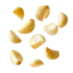 Fresh peeled garlic cloves floating in air create vibrant and dynamic visual. Their smooth texture and pale color add touch of freshness to any culinary setting