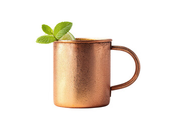 Copper mug with mint leaves and lime slice on black background, cut out
