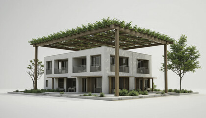 Fototapeta premium Modern two story house with minimalist design features large wooden pergola covered in greenery, creating blend of architecture and nature. surrounding landscape includes small trees and shrubs