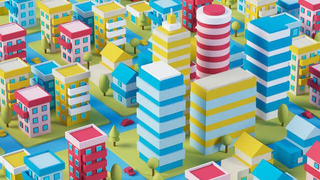 Three dimensional render of diorama of colorful city