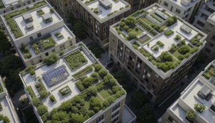 Fototapeta premium Green rooftops on urban buildings create sustainable cityscape, showcasing lush vegetation and solar panels. These eco friendly designs promote environmental benefits and energy efficiency