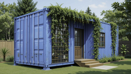 Obraz premium blue shipping container repurposed into modern tiny home is adorned with lush green vines, creating harmonious blend with surrounding garden. wooden door and steps add rustic touch