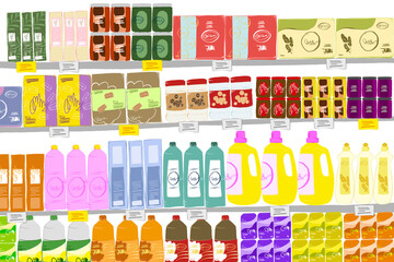 Illustration of supermarket shelves with various products and colorful packaging